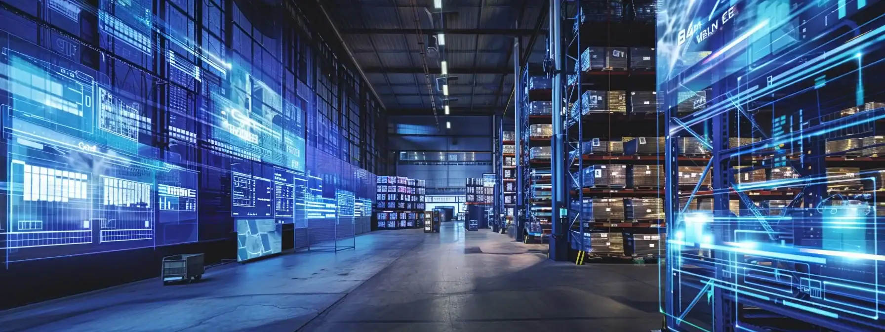 a bustling warehouse filled with organized inventory and high-tech screens displaying logistics data.
