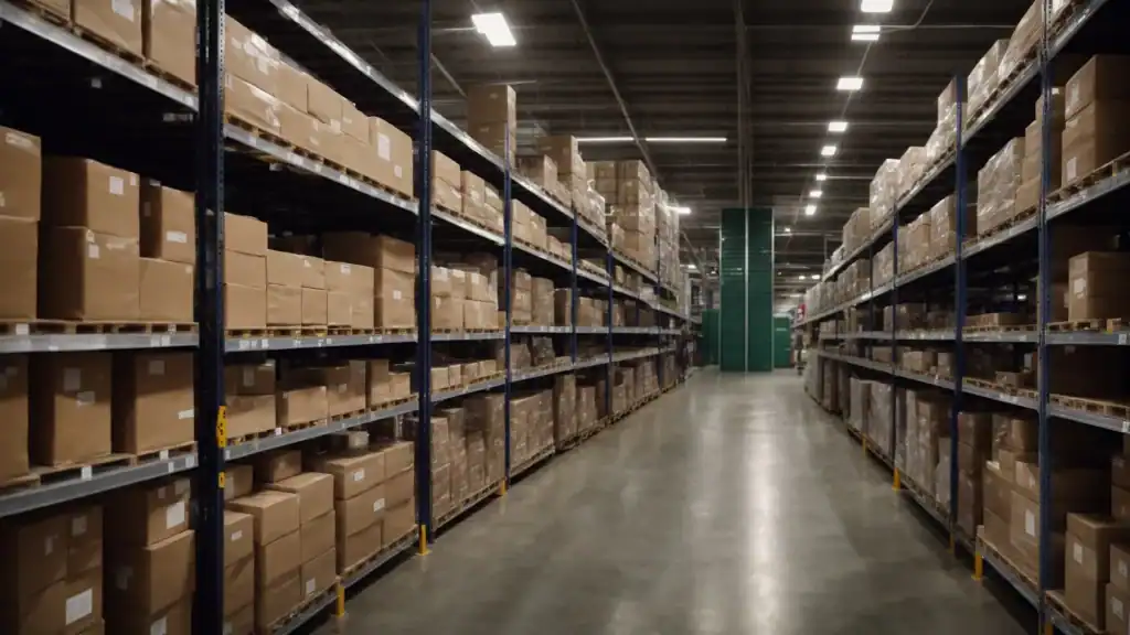 a row of towering shelves filled with neatly organized boxes and packages awaits processing in a bustling warehouse.